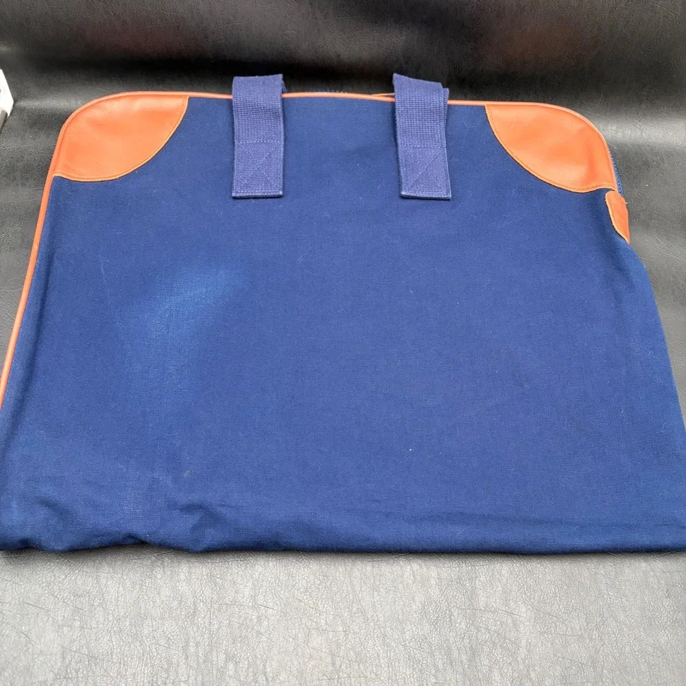 Lands End Deluxe Square Rigger Navy Blue Canvas Garment Bag Leather Trim Vintage